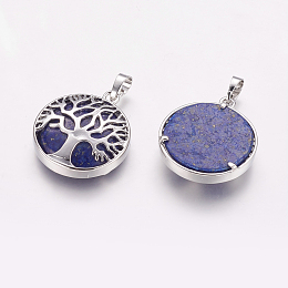 Honeyhandy Natural Lapis Lazuli Pendants, with Brass Findings, Platinum, Flat Round with Tree, 31x27x6.5~7mm, Hole: 5x8mm