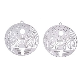 Honeyhandy 201 Stainless Steel Filigree Pendants, Etched Metal Embellishments, Flat Round with Landscape Pattern, Stainless Steel Color, 32x30x0.3mm, Hole: 1.5mm