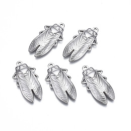 304 Stainless Steel Pendants, Cicada, Stainless Steel Color, 29.5x15.5x3mm, Hole: 1.6mm