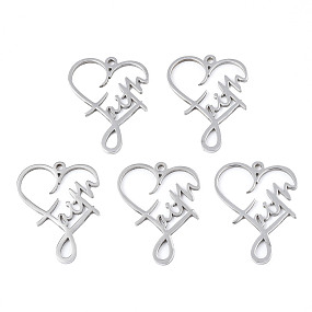 Honeyhandy 201 Stainless Steel Pendants, Heart with Word, Stainless Steel Color, 28.5x22x1.5mm, Hole: 1.6mm