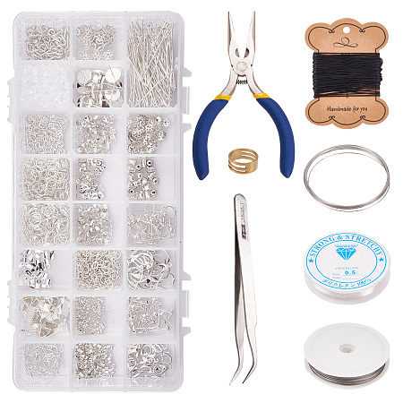 PandaHall Elite About 1410 Pcs Jewelry Finding Kits 24 Styles with Jump Ring, Lobster Claw Clasp, Cord End, Earring Hook, Eye Pin, Flower Bead Cap, Jewelry Cord String, Flat Nose Plier Platinum