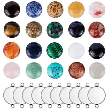 PandaHall Elite 20 Sets Cabochon Connector Kits, 20pcs Flat Round Cabochon Link Trays and 20 Colors 18mm Gemstone Cabochons Cameo Tiles for Crafting DIY Jewelry Making