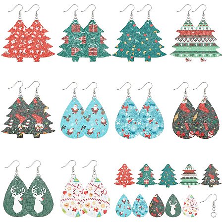 SUNNYCLUE 1 Box DIY 10 Pairs Christmas Faux Leather Earrings Xmas Leather Pendants Christmas Tree Faux Leather Teardrop Dangle Earrings & Earring Hooks for DIY Jewerly Making Xmas Earrings