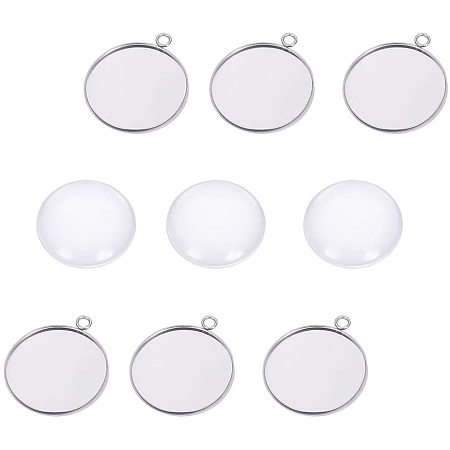 UNICRAFTALE 5 Sets DIY Pendant Making, 30mm Stainless Steel Pendants with Clear Glass Cabochon, Flat Round Cabochon Pendant Set for DIY Pendant Necklace Making, Hole 3mm