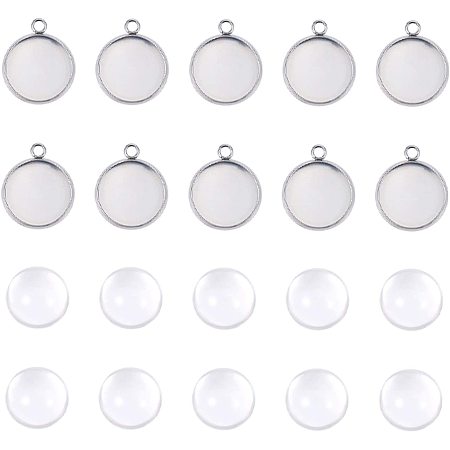 UNICRAFTALE 10 Sets Pendants Jewelry Making, 16mm Stainless Steel Pendant with Glass Cabochon, Flat Round Pendant Setting for DIY Pendant Necklace Making, Hole 2.5mm