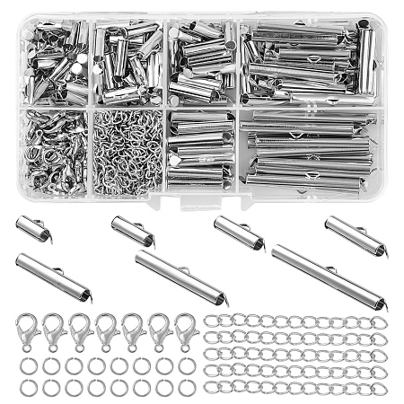 Honeyhandy DIY Jewelry Making Finding Kit, Including Iron Slide On End Clasp Tubes, Zinc Alloy Lobster Claw Clasps, Iron End Chains & Jump Rings, Platinum, 330Pcs/box