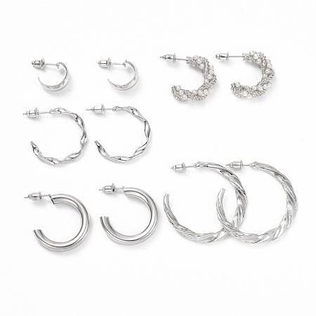 ARRICRAFT C-shape Stud Earrings, Imitation Pearl Beads Half Hoop Earrings, Alloy Open Hoop Earrings for Women, Platinum, 13~35.5x3~7mm, Pin: 0.8mm, 5 pairs/set