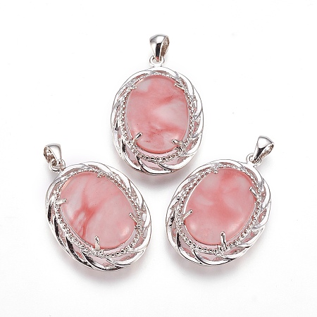 NBEADS Watermelon Stone Glass Pendants, with Brass Findings, Oval, Platinum, 39x27x14mm, Hole: 5x7mm