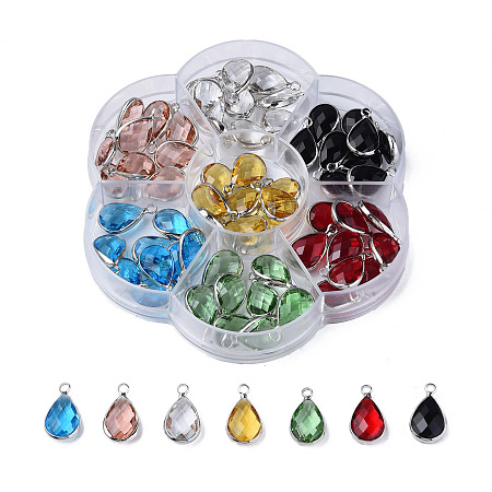 K9 Glass Pendants, with Brass Findings, Teardrop, Mixed Color, Faceted, Platinum, 18x10.5x5mm, Hole: 2mm