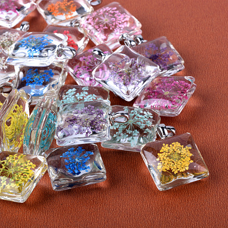 Honeyhandy Square Alloy Glass Pendants, Cadmium Free & Lead Free, with Dried Flower Inside, Platinum, 27x20x10~11mm, Hole: 4.5x2.5mm