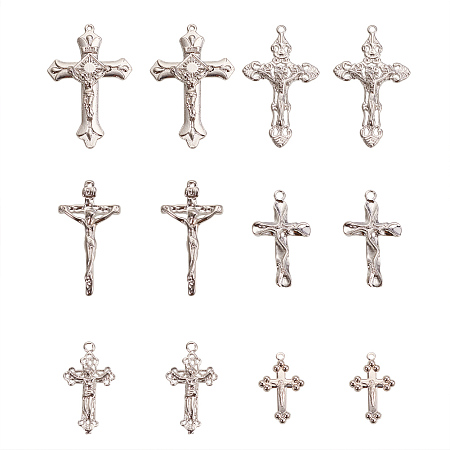 PandaHall Elite 12 Pcs Brass Crucifix Cross Pendant Charms 6 Style for Jewelry Making Platinum