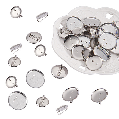 PandaHall Elite About 150 Pcs Iron Brooch Clasps Pin Disk Base Pad Bezel Blank Cabochon Trays Backs Bar Diameter 20mm 25mm 29mm for Badge, Corsage, Name Tags and Jewelry Craft Making Platinum
