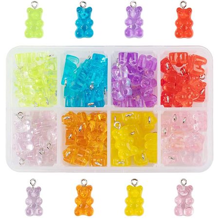 NBEADS 80 Pcs Cartoon Bear Candy Charms Resin Pendants, 8 Assorted Colors Gummy Bear Candy Charms Cute Resin Cartoon Bear Pendants for DIY Craft Necklace Keychain Earring Jewelry Making