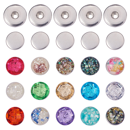 PandaHall Elite 15 Sets Brass Platinum Snap Button Fastener (Including Post and Socket) with 15 PCS Mixed Glass Cabochons for Snap Button Making Jewelry