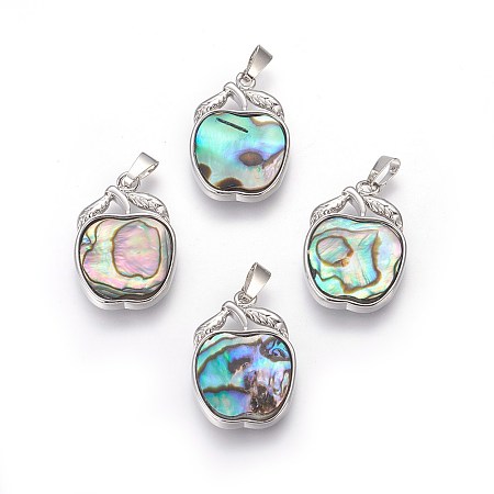 Abalone Shell/Paua Shell Pendants, with Platinum Plated Brass Findings, Apple, 25x17.5x3mm, Hole: 6x2mm