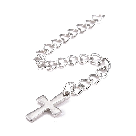 Honeyhandy 304 Stainless Steel Chain Extender, Curb Chain, with 202 Stainless Steel Charms, Cross, Stainless Steel Color, 63~68mm, Link: 3.7x3x0.5mm, Cross: 11.8x7x0.6mm