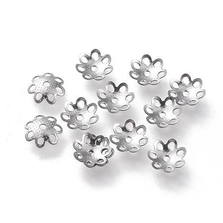 Honeyhandy 304 Stainless Steel Bead Caps, Multi-Petal, Flower, Stainless Steel Color, 7x7.5x1.5mm, Hole: 1mm
