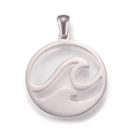 Honeyhandy 304 Stainless Steel Pendants, Laser Cut, Flat Round with Wave, Stainless Steel Color, 27x24x2mm, Hole: 7x4mm
