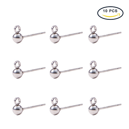 PandaHall Elite 10 Pairs 304 Stainless Steel Earring Hooks Ear Pin Studs 6mm Solid Ball Post with Loop for Jewelry Making