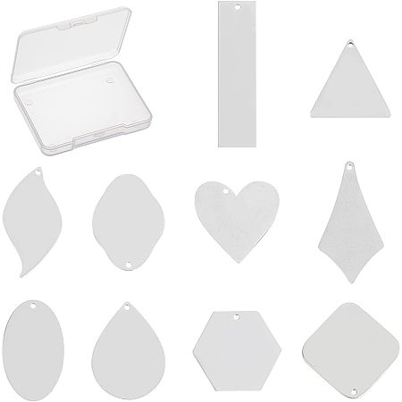 SUNNYCLUE 1 Box 10 Styles Blank Charms Tag Pendants Stainless Steel Stamping Heart Oval Flower Teardrop Shape Tagging Charm Flatback for DIY Necklaces Bracelets Crafts Making Supplies, Silver