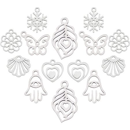 UNICRAFTALE about 16pcs 8 Styles Shell/Feather/Heart with Heart/ Snowflake/Flower/Snowflake/Hamsa Hand/Heart Hypoallergenic Charms Stainless Steel Pendant for DIY Jewelry Making Stainless Steel Color