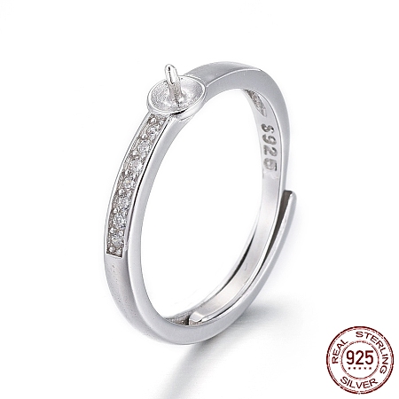 Honeyhandy Adjustable Rhodium Plated 925 Sterling Silver Finger Ring Components, For Half Drilled Beads, with Micro Pave Cubic Zirconia, with 925 Stamp, Platinum, Size 6, 16mm, Tray: 3.5mm, Pin: 0.8mm