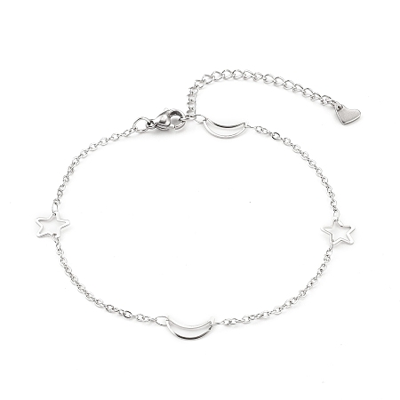 Honeyhandy 304 Stainless Steel Cable Chain Anklets, with  Moon & Star Link and Lobster Claw Clasps, Stainless Steel Color, 8-7/8 inch(22.5cm)
