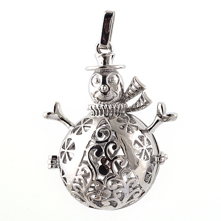 Arricraft Rack Plating Brass Cage Pendants, For Chime Ball Pendant Necklaces Making, Hollow Christmas Snowman, Platinum, 46x35x21mm, Hole: 3x6mm; inner measure: 22mm