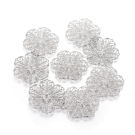 Honeyhandy 304 Stainless Steel Filigree Joiners, Flower, Stainless Steel Color, 29.5~30x0.5mm, Hole: 1mm and 2mm
