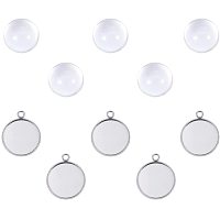 UNICRAFTALE 5 Sets 18mm Flat Round Tray Pendants Making 304 Stainless Steel Cabochon Settings and Clear Half Round Glass Cabochons Metal DIY Pendant Findings for Women Necklaces Jewelry Making