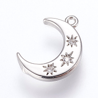 Honeyhandy Brass Charms, with Cubic Zirconia, Moon, Platinum, 16x10x2mm, Hole: 1.2~1.5mm