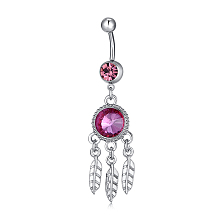 Honeyhandy Piercing Jewelry, Brass Cubic Zirconia Navel Ring, Belly Rings, with 304 Stainless Steel Bar, Lead Free & Cadmium Free, Flat Round with Leaf, Fuchsia, Platinum, 63x16mm, Bar Length: 3/8"(10mm), Bar: 14 Gauge(1.6mm)