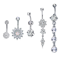 Honeyhandy Brass Piercing Jewelry, Belly Rings, with Glass Rhinestone, Mixed Shapes, Platinum, 22~64mm, Bar: 15 Gauge(1.5mm), 5pcs/set, Bar Length: 3/8"(10mm)