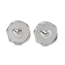 Honeyhandy Tarnish Resistant Ion Plating(IP) 304 Stainless Steel Flat Round with Heart Ear Studs for Women, Stainless Steel Color, 13x12.5mm