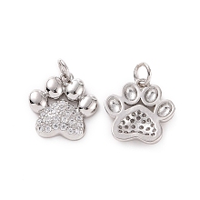 Honeyhandy Rack Plating Brass Micro Pave Cubic Zirconia Charms, with Jump Ring, Long-Lasting Plated, Cadmium Free & Lead Free, Dog's Paw Print Charm, Platinum, 15x14.5x3mm, Hole: 3mm