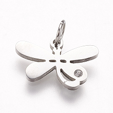 Honeyhandy 316 Surgical Stainless Steel Pendants, with Rhinestone, Dragonfly Charms, Stainless Steel Color, 10x15x1.5mm, Hole: 3.5mm