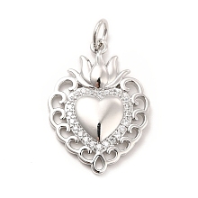 Honeyhandy Rack Plating Brass Micro Pave Cubic Zirconia Pendants, Sacred Heart Charm, Mexican Milagro Flaming Holy Heart Pendant, Long-Lasting Plated, with Jump Rings, Cadmium Free & Lead Free, Real Platinum Plated, 23x16x2.5mm, Hole: 3mm