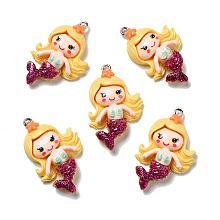 Honeyhandy Opaque Resin Pendants, with Glitter Powder and Platinum Tone Iron Loops, Mermaid, Gold, 37x22x6mm, Hole: 2mm