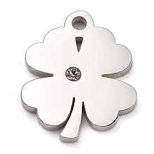 Honeyhandy 304 Stainless Steel Charms, Manual Polishing, with Crystal Rhinestone, Clover, Stainless Steel Color, 14.5x12x1.5mm, Hole:1.8mm