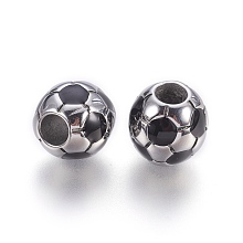 Honeyhandy 304 Stainless Steel Enamel European Beads, Large Hole Beads, FootBall/Soccer Ball, Black, Stainless Steel Color, 12.5x12mm, Hole: 5mm