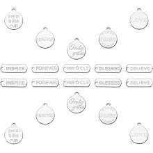 SUNNYCLUE 1 Box 10 Styles Word Charms Pendants Engraved Motivational Charms Stainless Steel Inspiration Alphabet Flat Round Oval Pendants Love Forever Believe for DIY Crafts, Silver