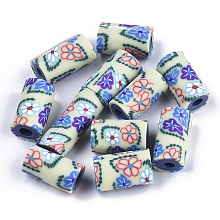 Honeyhandy Handmade Polymer Clay Beads, Column with Flower Pattern, Pale Goldenrod, 12x7mm