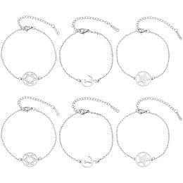 UNICRAFTALE 6pcs 3 Styles Links Bracelets 201 Stainless Steel Bracelets Flat Round with Star of David New Moon with Cat Flat Round with Star Link Bracelet with Lobster Claw Clasps 16.7-17.5 cm