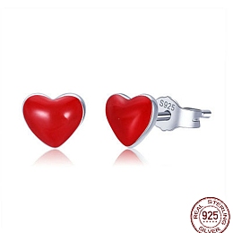 Honeyhandy Rhodium Plated 925 Sterling Silver Enamel Stud Earrings, Heart, with 925 Stamp, Real Platinum Plated , Red, 5x6mm