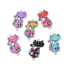 Honeyhandy Alloy Enamel Connector Charms, Cat with Flower Pattern, Mixed Color, 28.5x15x1.5mm, Hole: 1.5mm