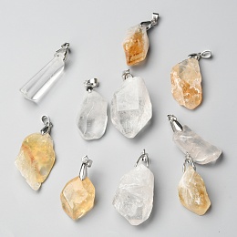 Honeyhandy Rough Raw Natural Crystal Quartz & Citrine Pendants, with Platinum Tone Brass Snap on Bails, Nuggets, 27.5~39.5x14~25x10~18.5mm, Hole: 6.5x4mm