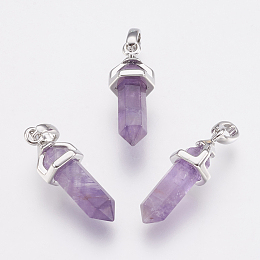 Honeyhandy Brass Natural Amethyst Double Terminated Pointed Pendants, Bullet, Platinum, 17~20x7x6.5mm, Hole: 2x4mm