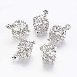 Honeyhandy Brass Locket Pendants, Cage Pendants, Cube, Filigree, Platinum, 27x17.5x17.5mm, Hole: 2.5x4mm, Inner: 11x15mm