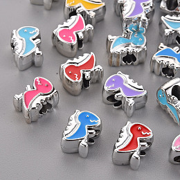 Honeyhandy UV Plating Acrylic European Beads, with Enamel, Large Hole Beads, Mixed Color, Dinosaur, Platinum, 13x10x7mm, Hole: 4mm