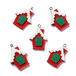 Honeyhandy Opaque Resin Pendants, with Platinum Tone Iron Loops, Christmas Theme, House, Red, 29x21.5x6mm, Hole: 2mm